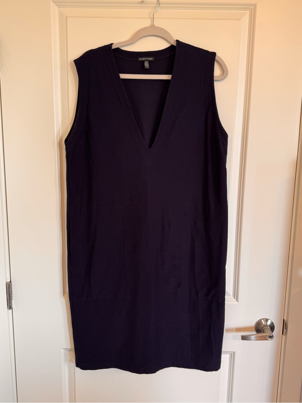 Eileen Fisher Navy Stretch Viscose V-Neck Sleeveless Dress Pockets Medium